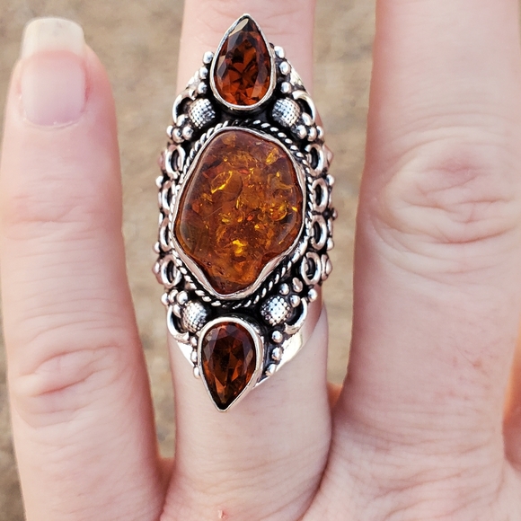 New Baltic Amber & Citrine 925 Silver Statement Ring. - Picture 6 of 13